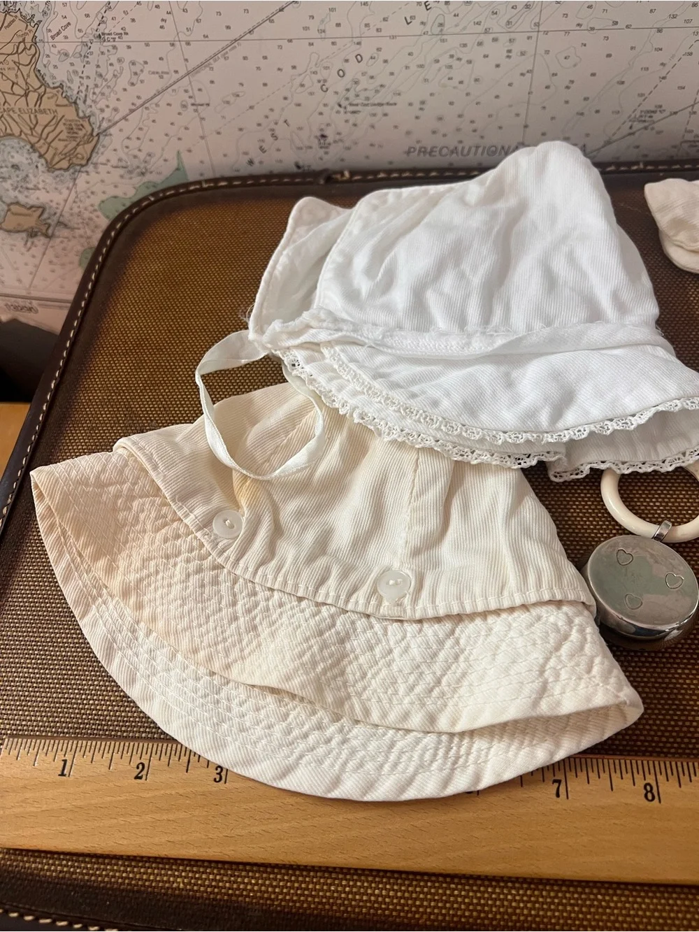Vintage Baby/doll Bonnets Lot Of Four Plus Bonus Silver Plated Baby Rattle